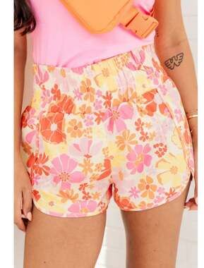 Trendsi Retro Orange and Pink Floral High Waisted Smocked Running Shorts